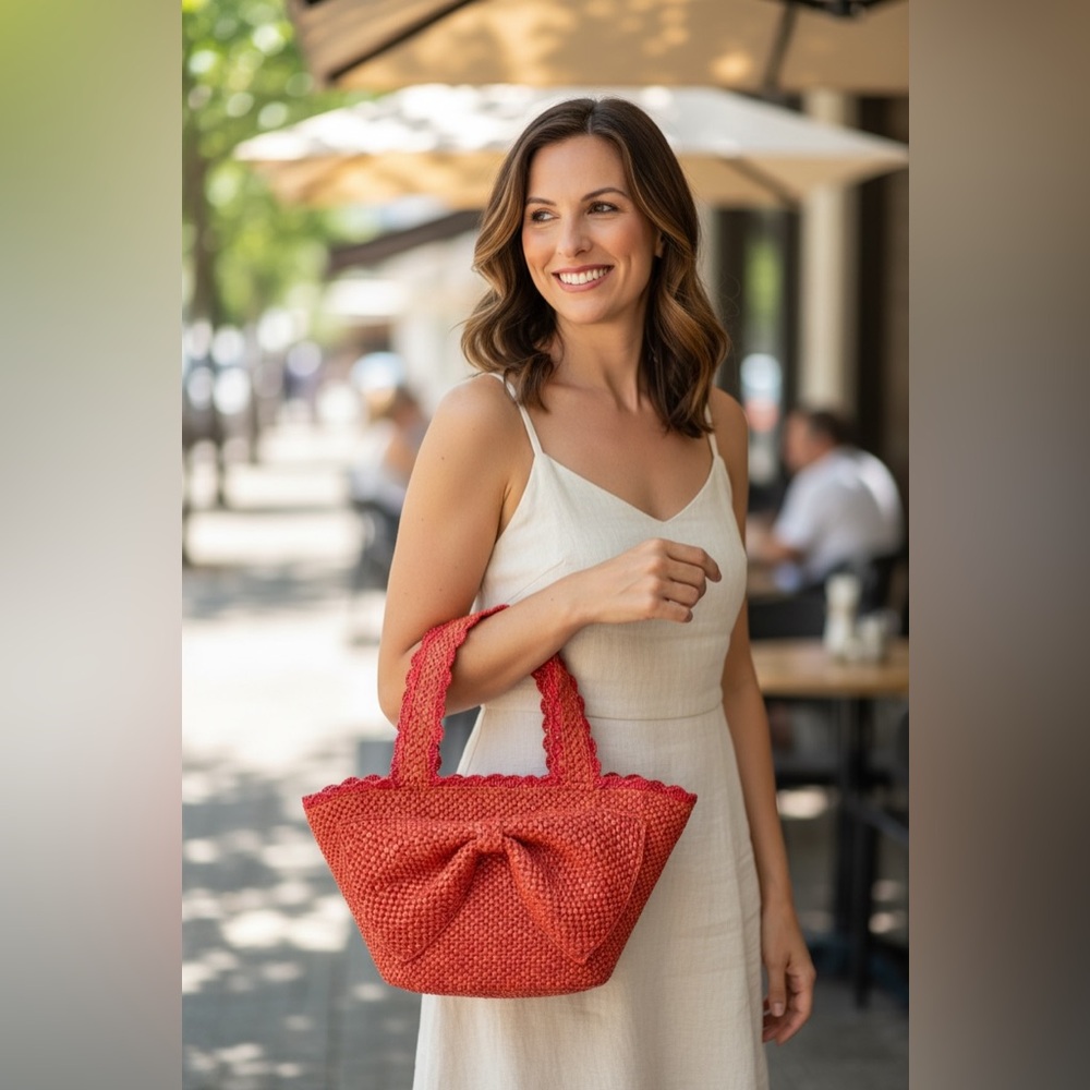 Kate Spade Woven Raffia Bow Tote Bag Orange Summer Straw Shoulder Bag ♠️ - Picture 2 of 10